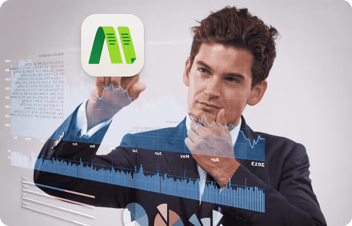A man in a suit interacts with holographic financial charts and the ccMonet app icon. He represents our financial experts, using AI - powered tools to analyze data, ensure financial accuracy, and offer tailored solutions for SMEs, backed by tax compliance and business support services.