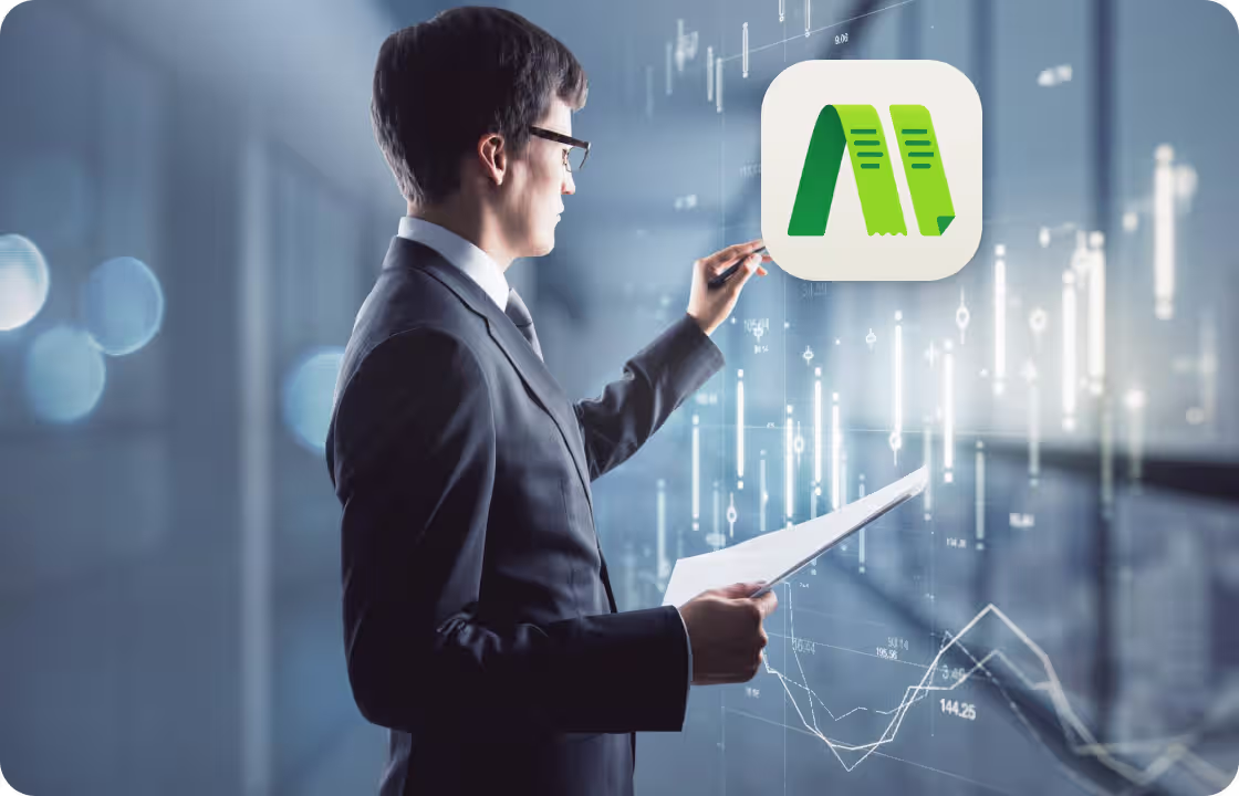 A man in a suit interacts with ccMonet’s app icon amid financial data visualizations. It represents SME users leveraging our AI - powered financial tools (bookkeeping, dashboards) and expert services (compliance, tax support) to gain insights and manage finances smartly.