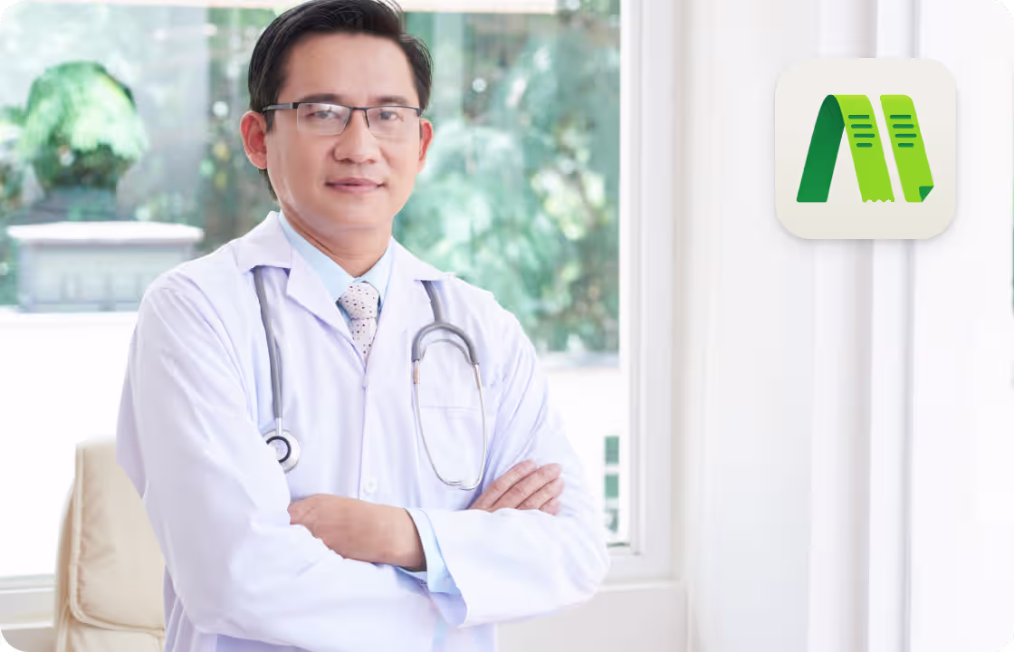 A doctor stands with crossed arms, next to the ccMonet logo. It shows how our AI - powered finance tools (bookkeeping, payroll) and expert services (tax compliance, business support) help healthcare professionals manage clinic finances easily and efficiently.