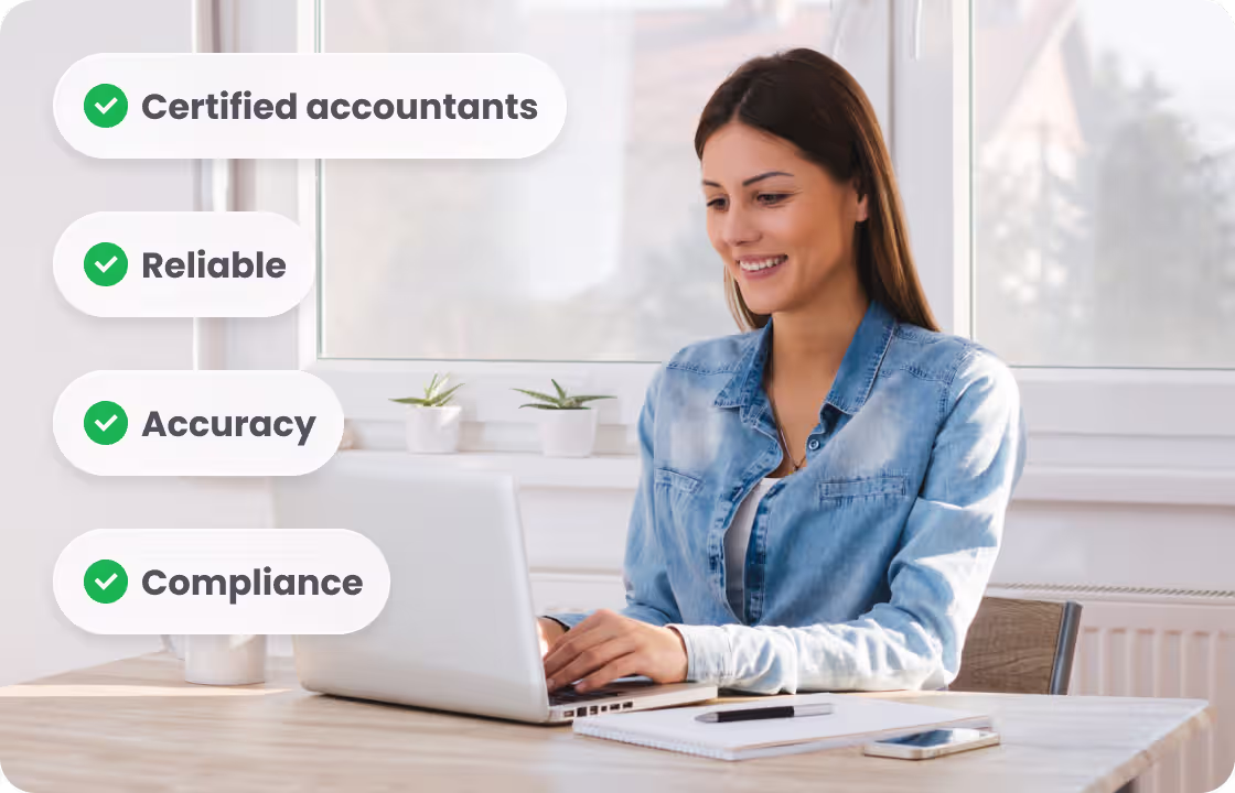 A woman works on a laptop, with tags like “Certified accountants,”“Reliable,”“Accuracy,”“Compliance.”It showcases ccMonet’s expert team—our certified accountants ensure financial accuracy and compliance, backed by AI - powered tools (bookkeeping, dashboards) to support SMEs”financial management.