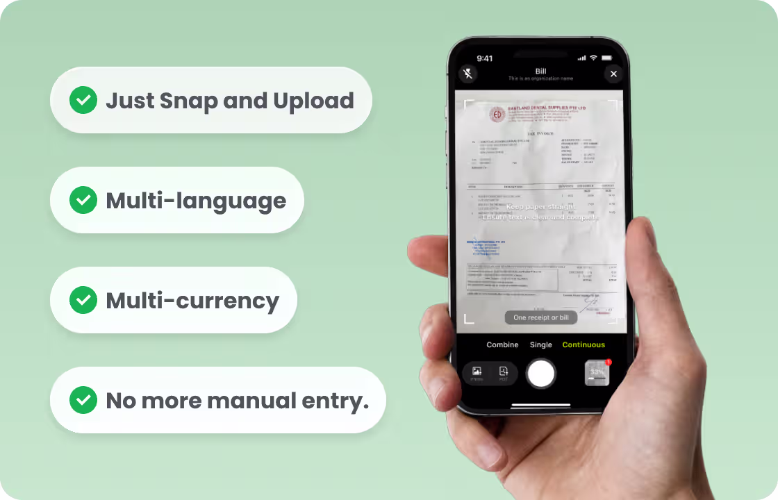 A hand uses a phone to scan a bill, with tags: “Just Snap and Upload,”“Multi - language,”“Multi - currency,”“No more manual entry.”It shows ccMonet’s AI - powered expense - management feature—simplifying bill processing for SMEs. Backed by experts (ensuring data accuracy, compliance), it streamlines financial workflows.