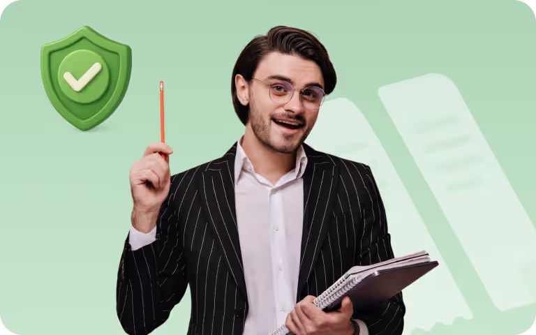 A professional in a pinstripe suit holds a notebook and pencil, with a green shield icon. He represents ccMonet’s compliance experts, leveraging AI tools to ensure SMEs”financial data accuracy, regulatory adherence, and streamlined workflows.