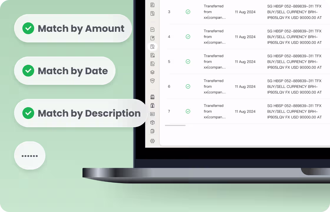 A laptop shows financial transactions, with tags: “Match by Amount,”“Match by Date,”“Match by Description.”It highlights ccMonet’s AI - powered reconciliation features. Backed by experts (ensuring data accuracy, compliance), it streamlines financial matching for SMEs.