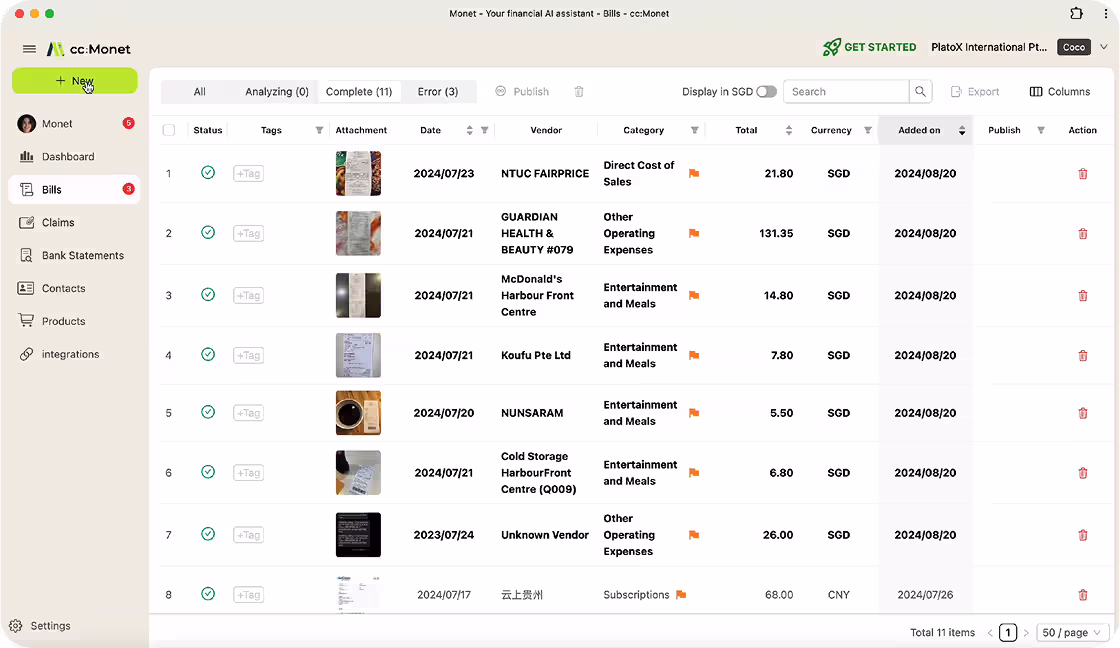 Structured invoice data in ccMonet