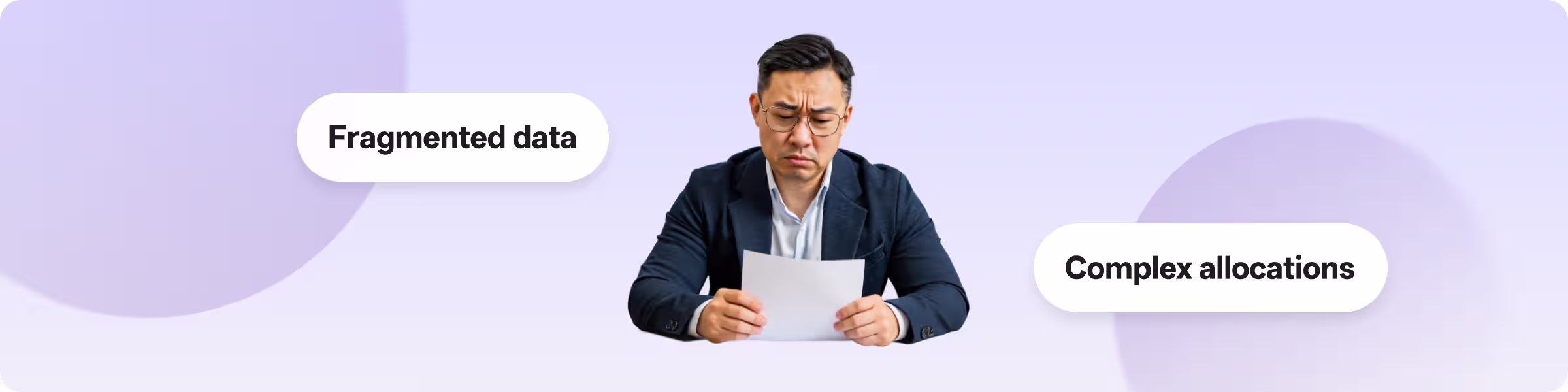 A man in a suit looks frustrated, surrounded by “Fragmented data”and “Complex allocations”—common financial hurdles. ccMonet’s AI - powered tools (bookkeeping, dashboards) and expert services (tax compliance, business support) simplify these challenges, helping businesses manage finances efficiently.