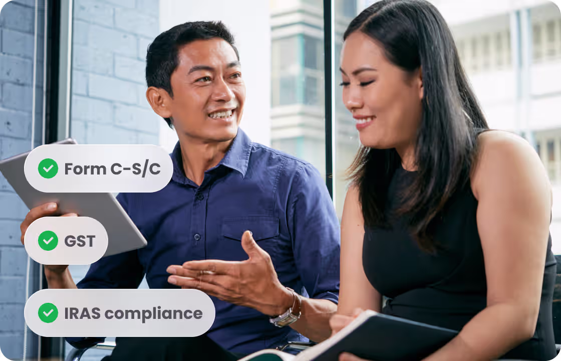 Two professionals discuss with a tablet, tagged “Form C - s/C,”“GST,”“IRAS compliance.”They represent ccMonet’s tax experts, using AI tools to help SMEs ensure regulatory adherence, manage financial data accurately, and streamline tax - related workflows.