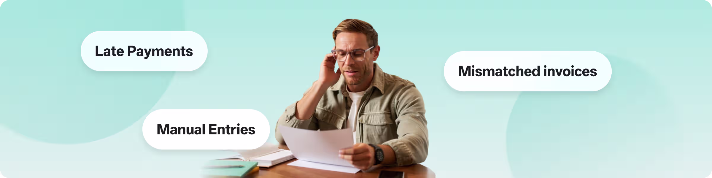 A man at a desk is troubled by “Late Payments,”“Vendor invoices that don’t match,”and “Manual data entry”—common financial pain points for SMEs. ccMonet’s AI - powered tools (automated bookkeeping, reconciliation) and expert services solve these issues, streamlining efficient, accurate financial workflows.