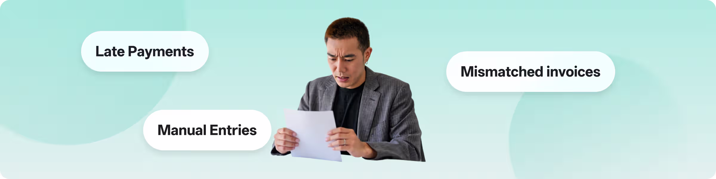 The image shows a man frustrated by common financial headaches: “Late Payments,”“Mismatched Invoices,”and “Manual Entries.”ccMonet solves these with AI - powered bookkeeping, real - time dashboards, and expert support (tax compliance, business registration), streamlining finances for SMEs.
