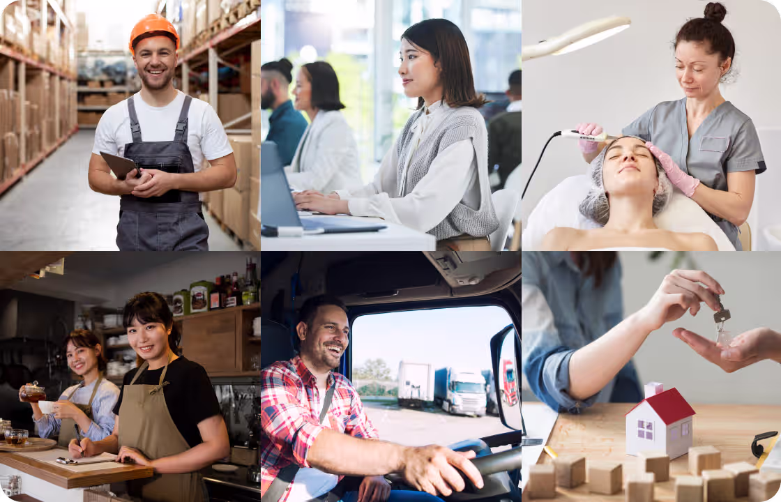 The image shows diverse SME professionals—warehouse worker, office staff, beautician, café owners, delivery driver, property agent. It represents ccMonet’s target users across industries. Our AI - powered financial tools (bookkeeping, dashboards) and expert services (compliance, tax support) help these SMEs manage finances efficiently.