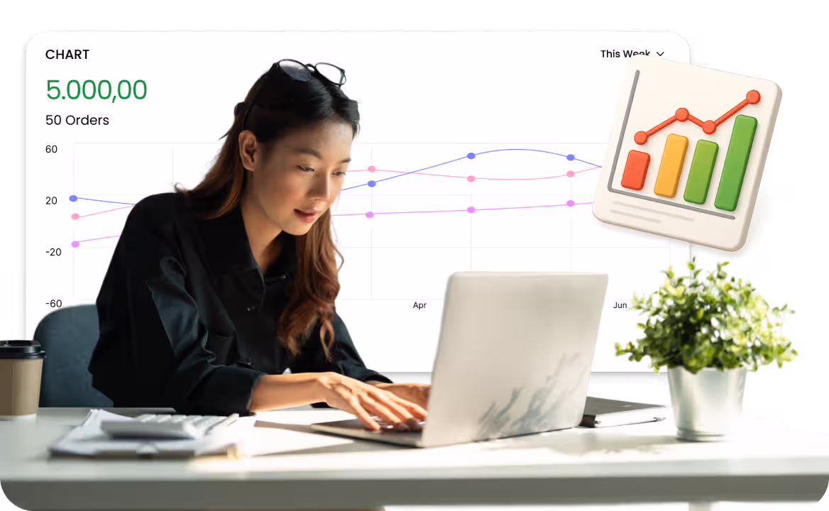 A woman works on a laptop with financial charts in the background. It represents SME users leveraging ccMonet’s AI-powered tools and expert services to manage and grow their businesses.